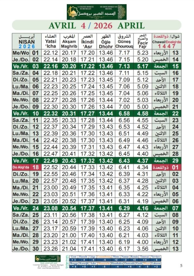 Calendrier horaires de prière avril 2026