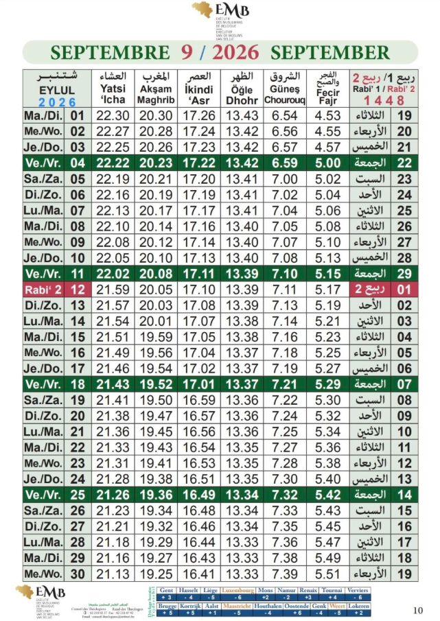 Calendrier horaires de prière Septembre 2026